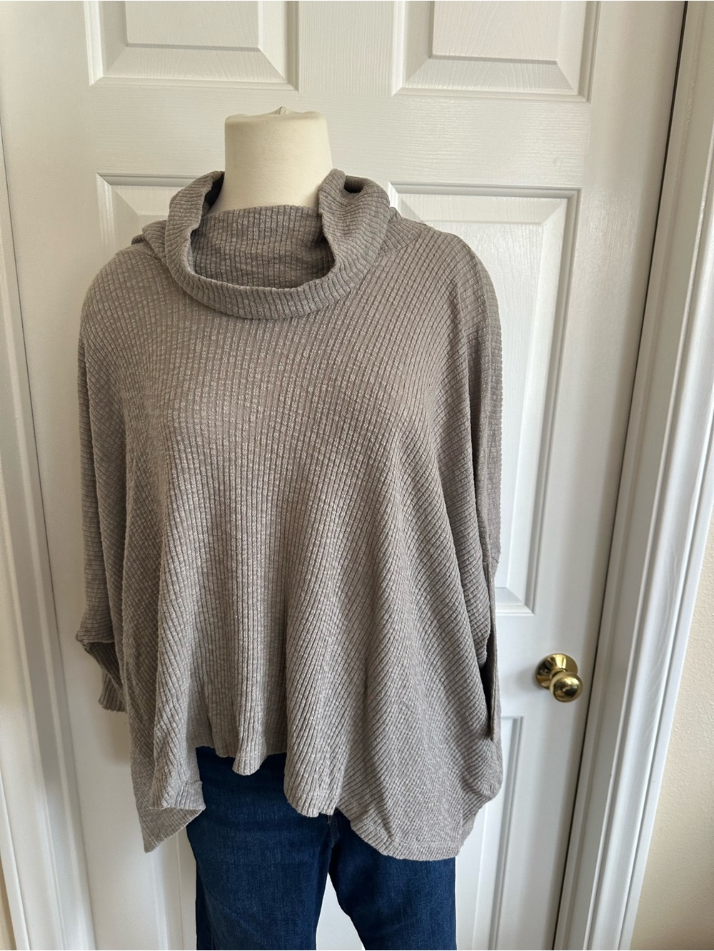 Cozy Taupe Ribbed Cowl Neck Sweater